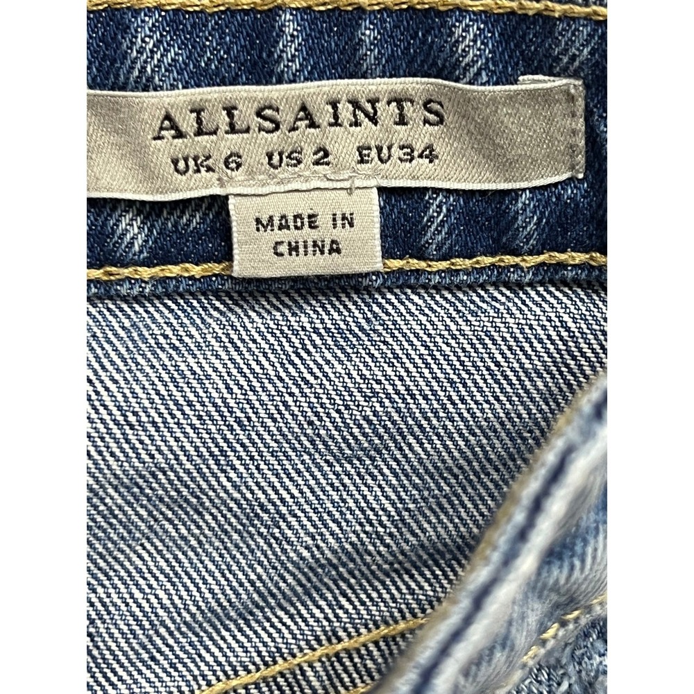 AllSaints Kim Denim Skirt Womens Size 2 Blue Distressed Raw Hem Mini Grunge - Picture 3 of 6